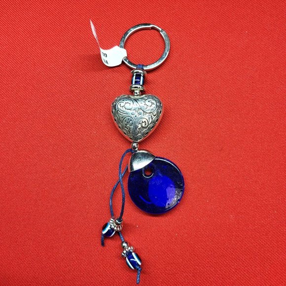 Keychain Key Ring Blue Glass Evil Eye Puffy Heart Silver Tone Metal Etched - Picture 4 of 11